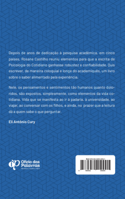 Quarta capa do livro psicologia do cotidiano, fundo azul e sinopse em branco